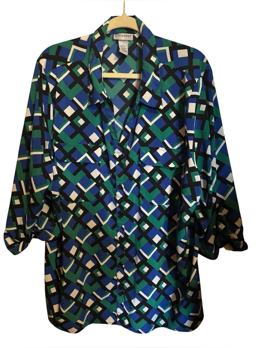 Catherine's Geometric Print Button-Down Top in Blue & Green 3/4 sleeve 2xl xxl